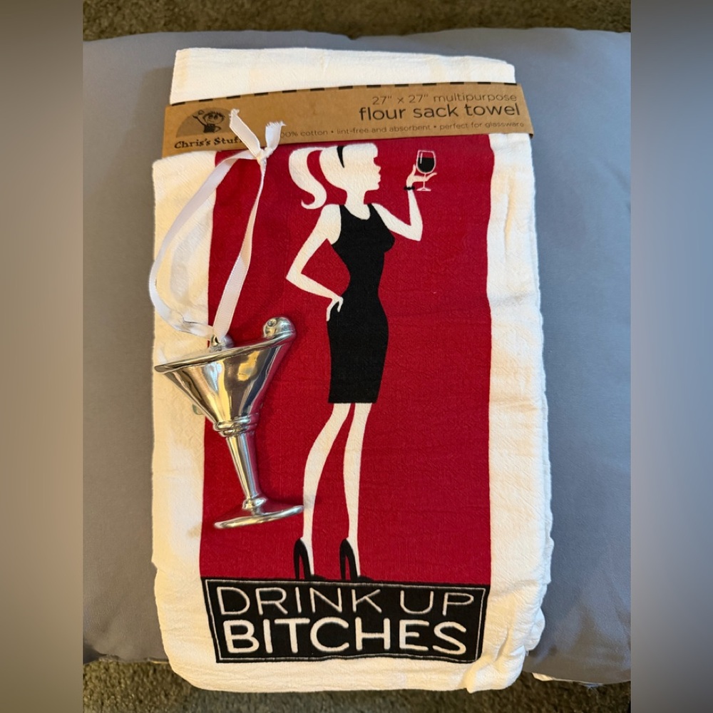 Perfect Girlfriend Gift Chris's Stuff Towel AND Metal Martini Ornament New